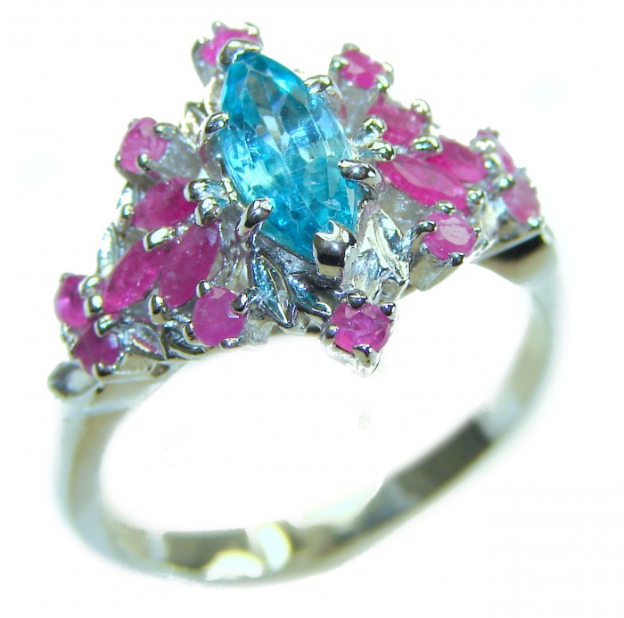 Emily 8.5 carat Swiss Aquamarine Ruby .925 Sterling Silver handmade Statement Ring size 9 - Side view of Emily aquamarine and ruby sterling silver ring.