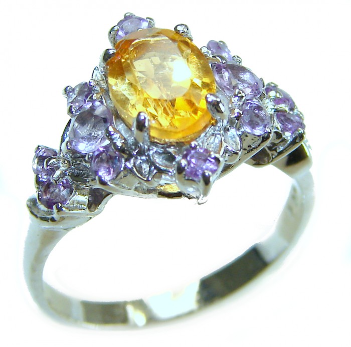 Golden Treasure 4.5 carat Citrine Amethyst .925 Sterling Silver Handcrafted Ring size 7 - Citrine and amethyst ring, top view, silver setting.