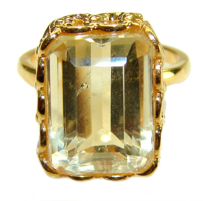 18.8 carat Genuine Lemon Quartz 14K Gold over .925 Sterling Silver handcrafted ring size 9 1/4 - Close-up of 18.8 carat lemon quartz ring in 14K gold over sterling silver.