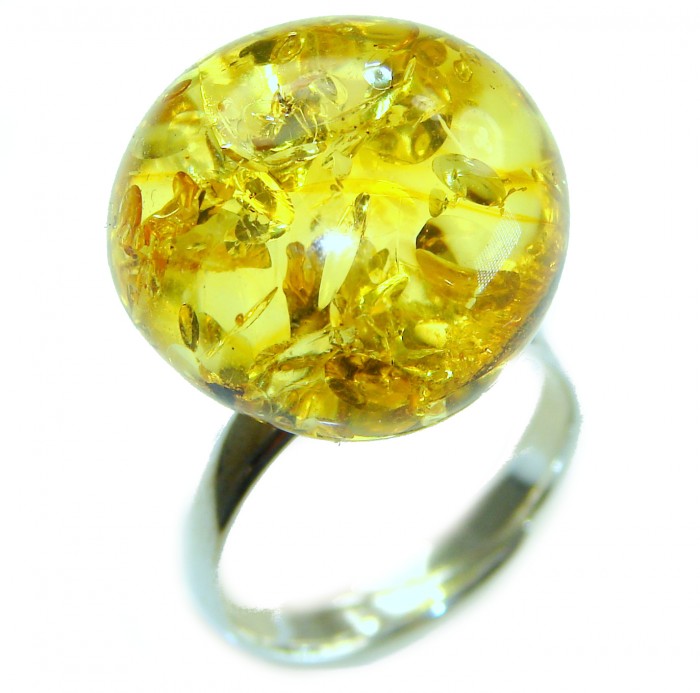 Golden Sphere Authentic Baltic Amber .925 Sterling Silver handcrafted ring; s. 8 - Golden sphere Baltic amber ring, close-up angle