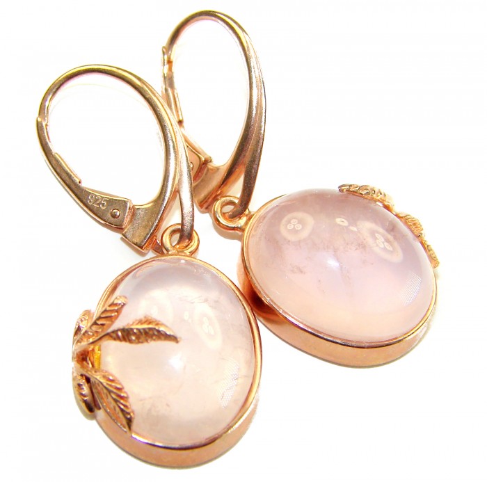 Authentic 10.2 carat Rose Quartz 14K Gold over .925 Silver handcrafted Statement earrings - Rose Quartz earrings, stone close-up, 14K gold over .925 silver.