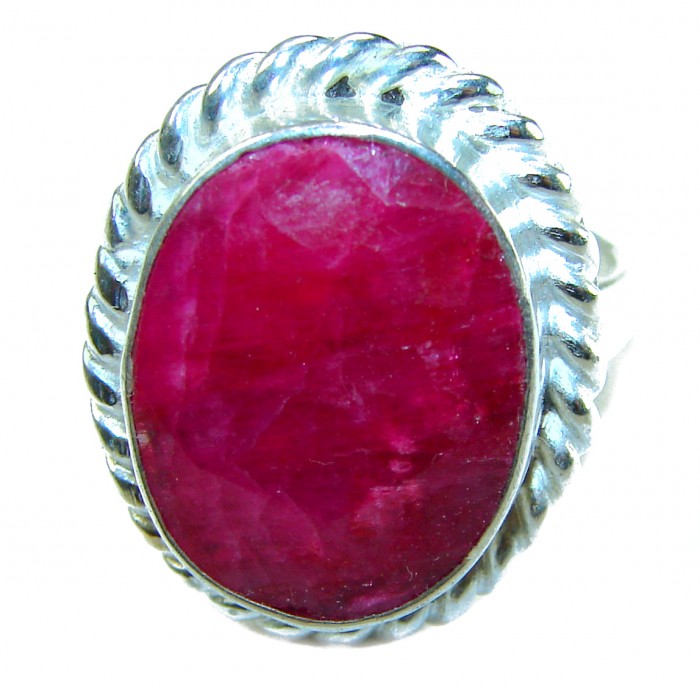 Authentic Ruby .925 Sterling Silver brilliantly handcrafted ring s. 8 1/4 - Close-up of authentic ruby in .925 sterling silver setting.