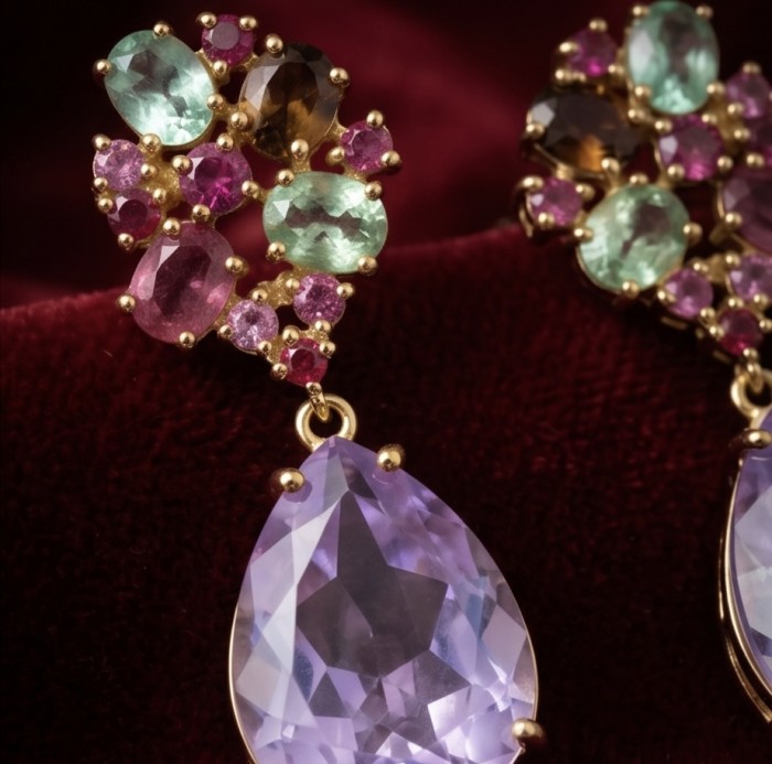 Lavender Beauty authentic 11.2 carat Amethyst 22K Gold over .925 Sterling Silver handcrafted earrings - Close-up of multicolored gemstone earrings with lavender amethyst drops