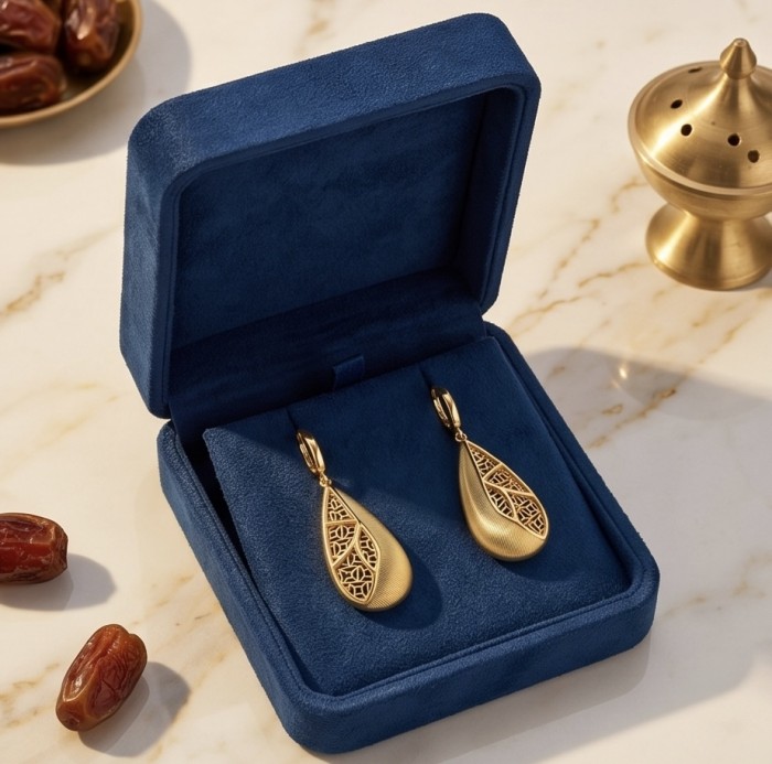 Dubai Style - Golden fancy Drops .925 Sterling Silver dipped in 22K Gold handmade Earrings - Elegant golden drop earrings in open blue velvet box, top view.