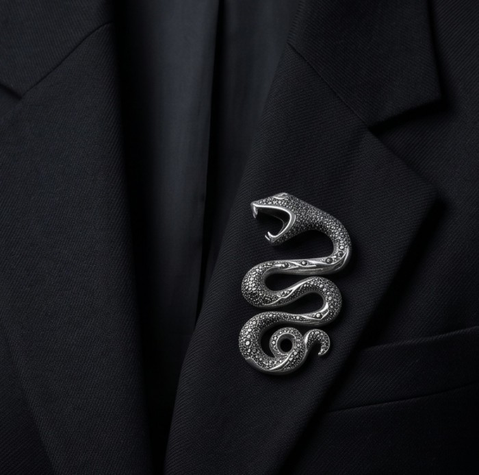 Divine Fire - Large 2 5/8 inches long Cobra Snake genuine Marcasite .925 Sterling Silver handmade Pendant - Cobra snake brooch on black jacket lapel, front view.
