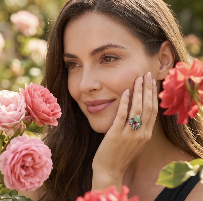 Large Natural 21.5 carat carved Green Amethyst .925 Sterling Silver handcrafted ring size 7 1/2 - Woman wearing large green amethyst ring among pink roses