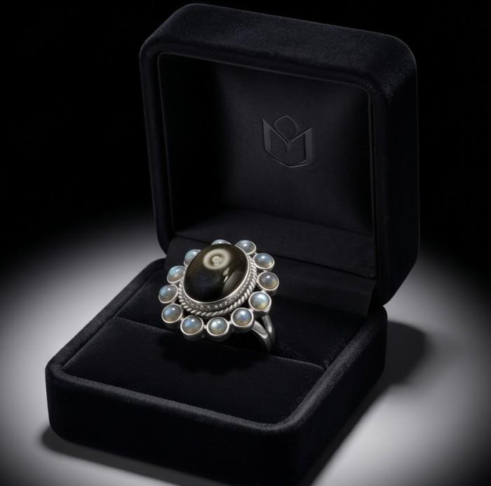 Shimmering Natural Labradorite .925 Sterling Silver handcrafted Large ring size 9 - Ring with labradorite stones in a black velvet box, top view.