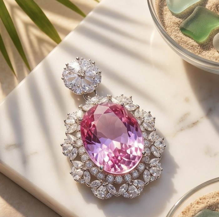 Tiffany Incredible oval cut 20.4 carat Pink Sapphire .925 Sterling Silver handcrafted pendant - Close-up of Tiffany Pink Sapphire pendant with diamond accents