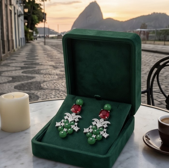 Francesca - Luxurious natural 39.8 carat Ruby Emerald rhodium over .925 Sterling Silver handmade Statement earrings - Elegant earrings in velvet box with scenic background, top view.