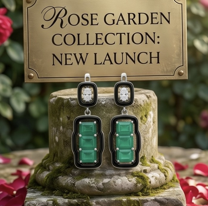 Art Deco 8.2 carat Colombian Emerald .925 Sterling Silver handcrafted Statement earrings - Art Deco Colombian Emerald earrings front view on stone display