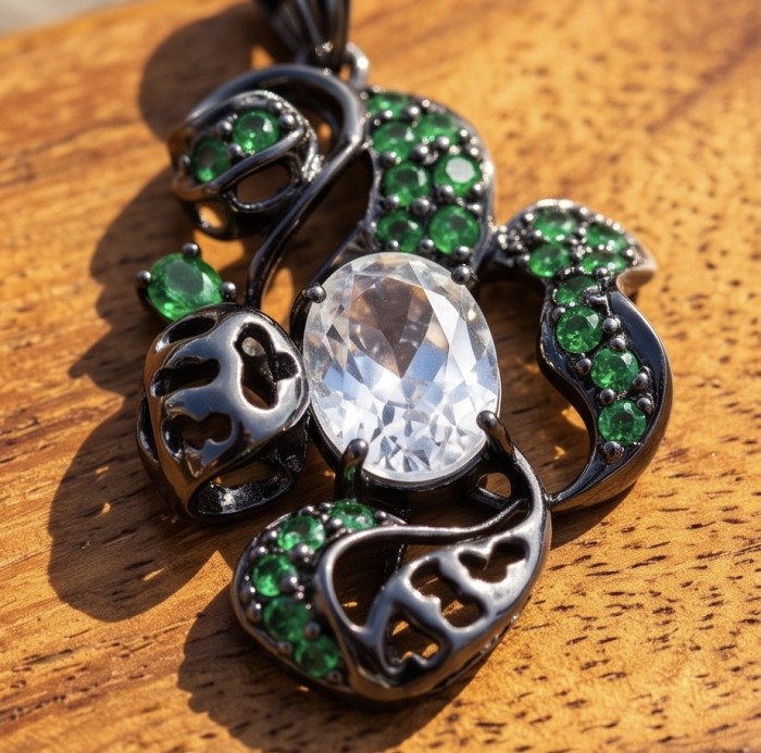 Colors of the Earth Precious 18.5 carat Multigem black rhodium .925 Sterling Silver Statement Pendant - Close-up of multigem pendant with green and clear stones on wood surface