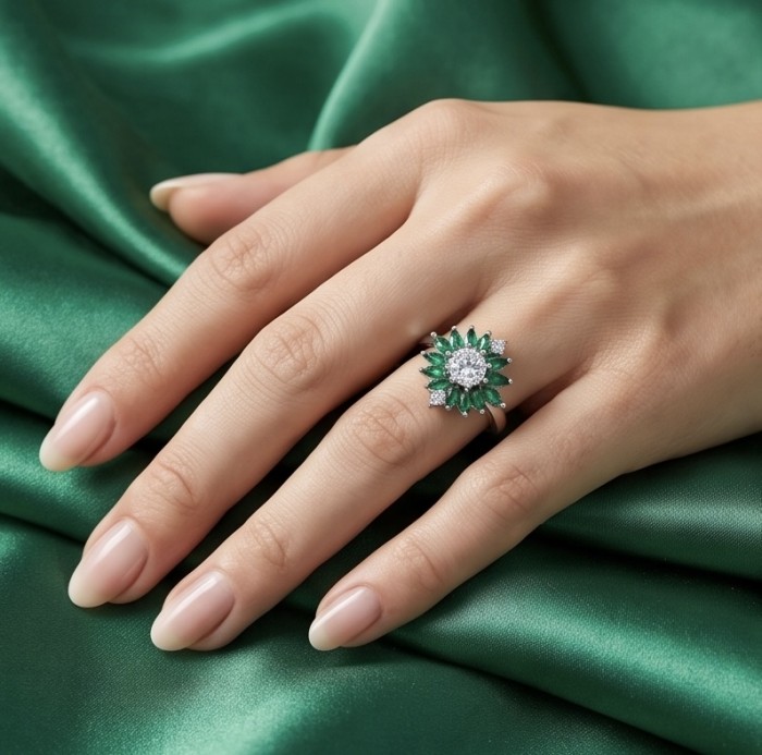 Giovanna - Authentic 5.9 carat COLOMBIAN EMERALD .925 Sterling Silver handcrafted handcrafted Ring size 7 1/4 - Emerald ring worn on hand on green fabric background.