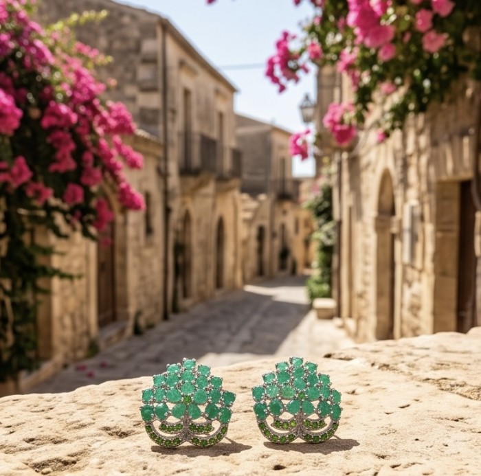 Giovanna - Authentic 10.9 carat COLOMBIAN EMERALD .925 Sterling Silver dipped in rhodium handcrafted earrings - Emerald earrings close-up on stone wall, vibrant rustic floral street.