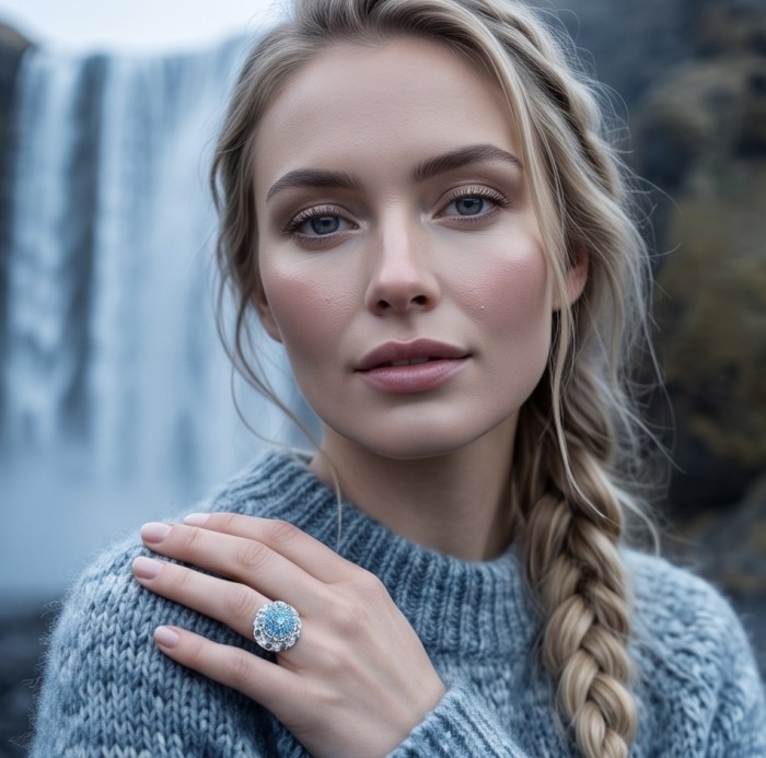 Blue Cascade Natural 14.8 carat Swiss Blue Topaz .925 Sterling Silver dipped in rhodium handmade Large Statement Ring size 6 - Woman wearing Blue Cascade Topaz ring near waterfall background.