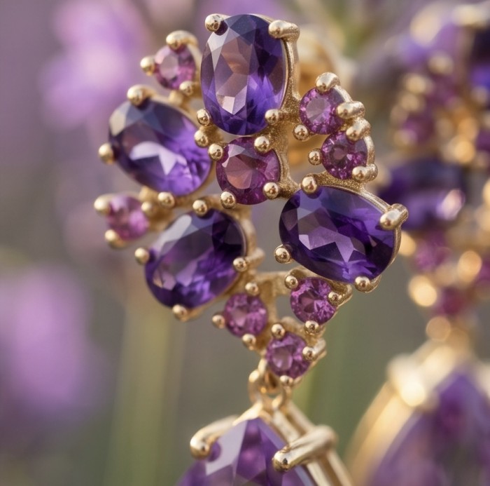 Lavender Beauty authentic 11.2 carat Amethyst 22K Gold over .925 Sterling Silver handcrafted earrings - Close-up of Lavender Beauty amethyst earrings in 22K gold setting.