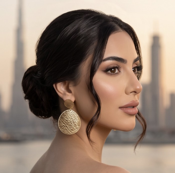 Dubai Style - .925 Sterling Silver dipped in 22K Gold handmade Earrings - Side view of woman wearing large gold-plated earrings, Dubai skyline background.