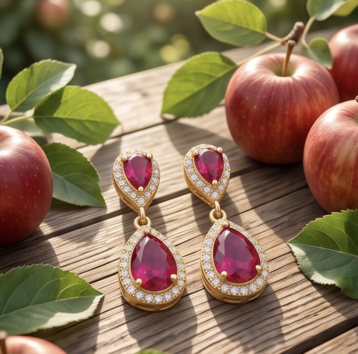 Giovanna - Magnificent Jewel 4.8 carat Mozambique Ruby 22K Gold over .925 Sterling Silver handcrafted incredible earrings - Close-up of Giovanna ruby earrings with apples and leaves in the background
