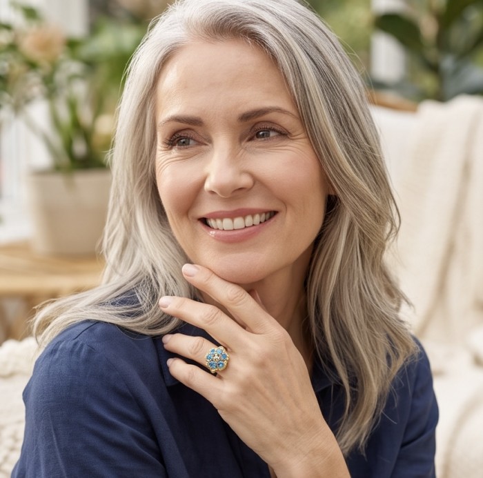 ENCHANTED GARDEN 14.3 carat Swiss Blue Topaz .925 Sterling Silver dipped in 22K Gold handcrafted ring size 6 3/4 - Woman wearing ENCHANTED GARDEN Swiss Blue Topaz ring on hand