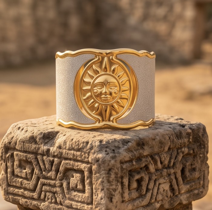 Renewal - Byzantine design Authentic Topaz 14K Gold over .925 Sterling Silver handcrafted Bracelet / Cuff - Wide view of Byzantine cuff with sun motif in gold and topaz on stone.