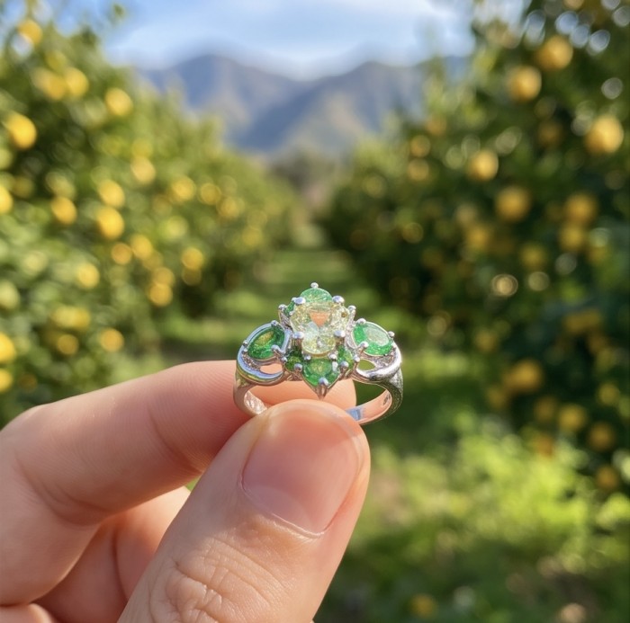 Stella 3.2 carat Brazilian Citrine .925 Sterling Silver dipped in 14K Gold handcrafted ring; s. 6 - Close-up of Stella Brazilian Citrine ring held in hand with lemon trees behind.