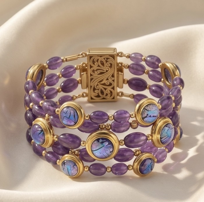 Baroque Style Beauty 39.5 carat Amethyst 14K Gold over .925 Sterling Silver handcrafted Bracelet - Baroque style amethyst bracelet, front view, gold and colorful details.