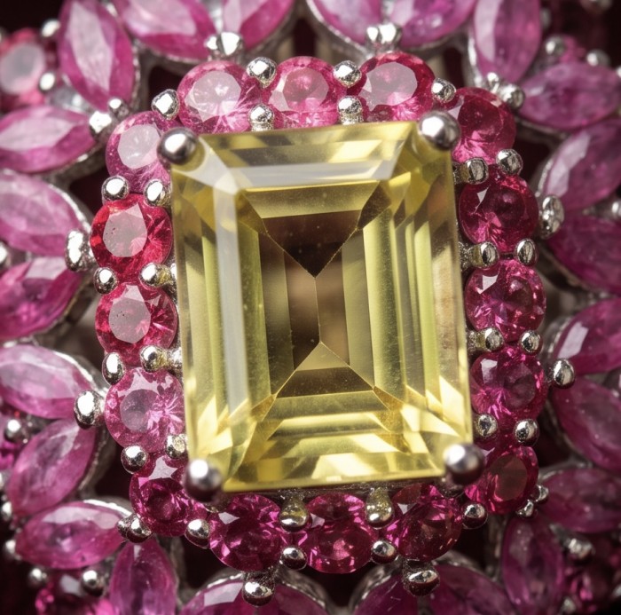 Francesca Authentic 8.9 carat Brazilian Citrine Mozambique Ruby .925 Sterling Silver brilliantly handcrafted Statement Statement ring; s. 8 3/4 - Close-up of yellow citrine and pink gemstone ring.