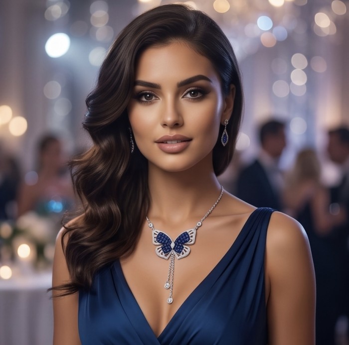 Blue Butterfly mystery setting 8.2 carat natural Sapphire .925 Sterling Silver handcrafted Necklace - Woman wearing Blue Butterfly Sapphire necklace at an elegant event