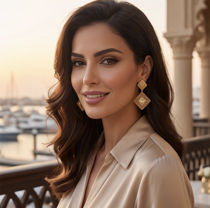 Golden Dubai Style - .925 Sterling Silver dipped in 22K Gold handmade Earrings - Woman wearing golden Dubai style earrings, side view at sunset.