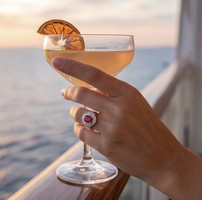 Scarlett 4.7 ctw Mozambique Ruby .925 Sterling Silver handcrafted Statement Ring size 7 1/2 - Ruby ring worn on hand holding a cocktail with ocean background.
