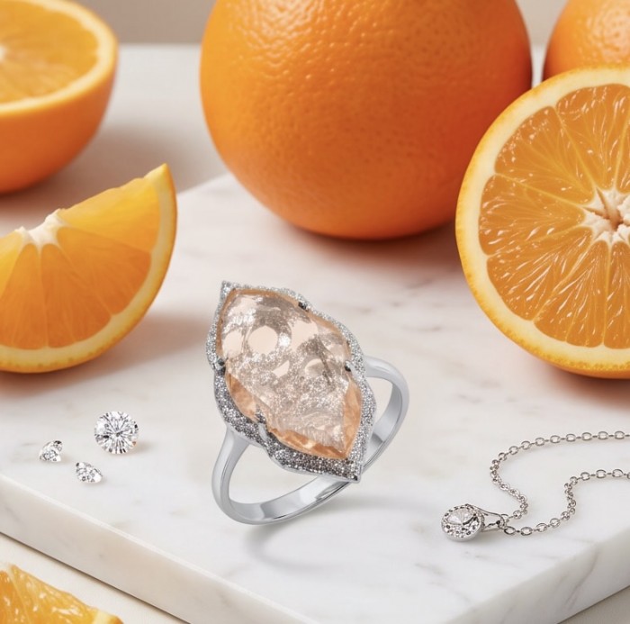 Jasmine 9.9 carat authentic Morganite .925 Sterling Silver Handcrafted Ring size 9 - Morganite ring and necklace detail with oranges in background.