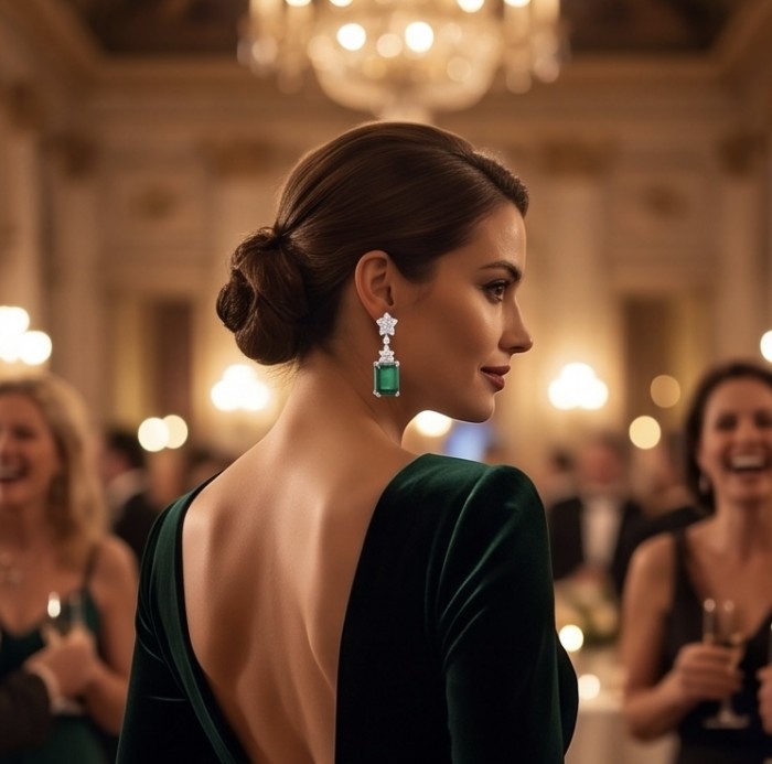 Authentic 14.8 CARAT Siberian Chrome Diopside rhodium over .925 Sterling Silver handcrafted earrings - Side view of elegant earring worn, showcasing emerald green stone.
