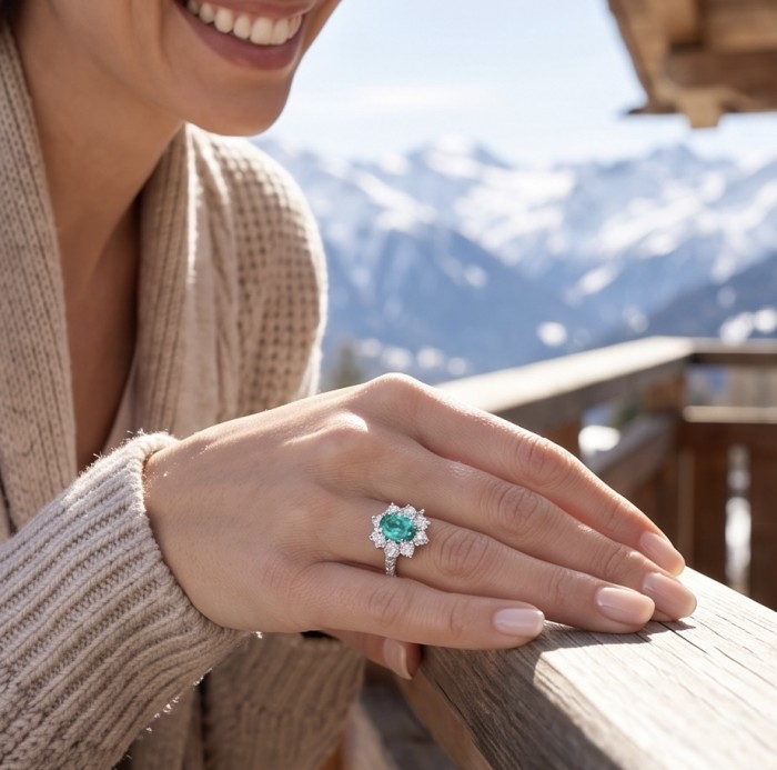 WONDERLAND 4.8 carat Paraiba Tourmaline .925 Sterling Silver Handcrafted Ring size 8 1/4 - Paraiba Tourmaline ring worn on hand with snowy mountain backdrop