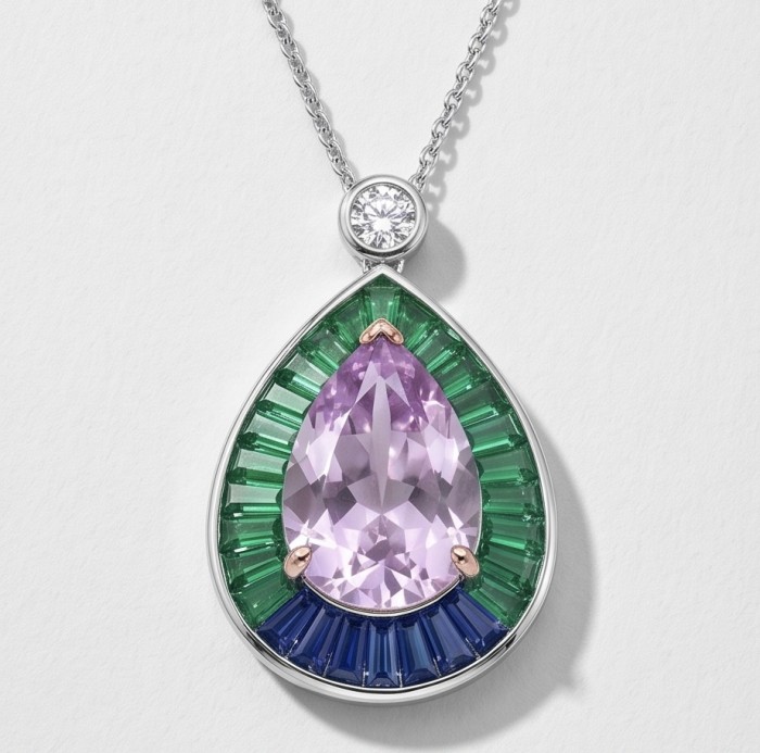 Emily - Art Deco - Precious genuine 10.2 carat Kunzite rhodium over .925 Sterling Silver 2 tones handcrafted necklace - Teardrop necklace with Kunzite and blue-green gems, front view.