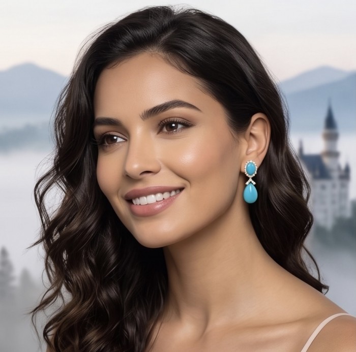Blue Dreamland - Luxurious stabilized Turquoise 18K Gold over .925 Sterling Silver handmade Statement earrings - Side view of woman wearing Blue Dreamland turquoise earrings.