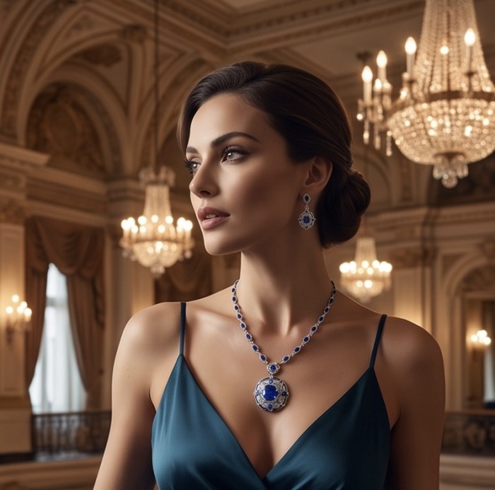 Art Deco - Pacifica - 88.4 carat Sapphire Enamel .925 Sterling Silver handmade Statement necklace; 24 inches long - Side view of model wearing Art Deco Pacifica sapphire necklace and earrings