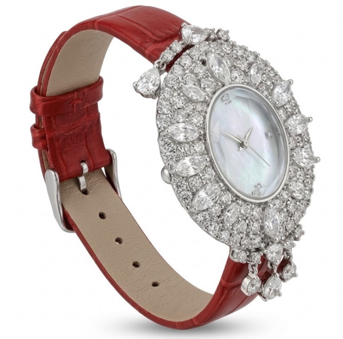 Precious 22.5 carat Authentic Moissanite Genuine red Leather strap .925 Sterling Silver handmade Watch - Luxurious watch with moissanite stones and red leather band, side view.