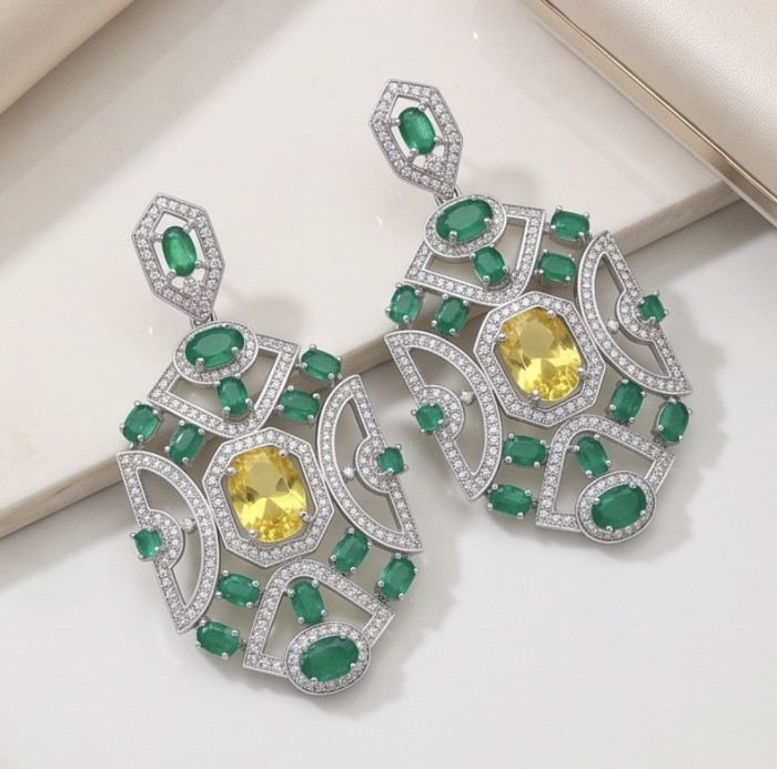 Art Deco - 8.8 carat Citrine Chrome Diopside .925 Sterling Silver handmade Statement LONG Earrings - Art Deco earrings with citrine and diopside, front view, on white background.