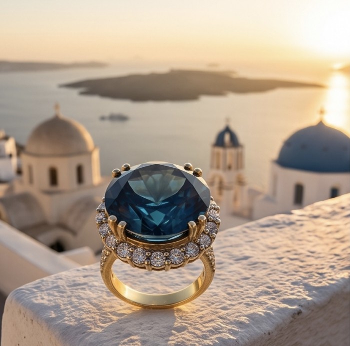 Atlantica rare round cut 17.9 carat authentic London Blue Topaz 22K Gold over .925 Sterling Silver Handcrafted Ring size 7 1/2 - Stone close-up of Atlantica ring with London Blue Topaz in sunset backdrop.