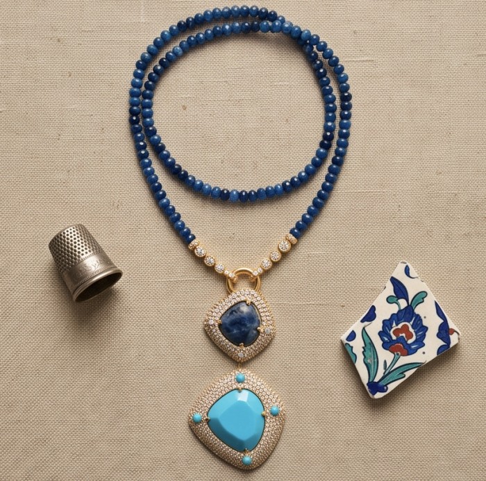 DESTINY Authentic TURQUOISE SODALITE .925 Sterling Silver dipped in 14K Gold handcrafted necklace - Top view of turquoise sodalite necklace with thimble and pottery shard