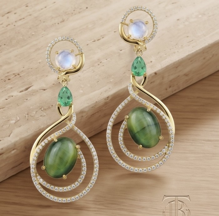 SOUTHERN STAR 12.2 carat Labradorite 4.8 carat Australian Fire Opal 22k Gold over .925 Sterling Silver Large Statement earrings - Elegant labradorite and emerald earrings, side view on wooden surface.
