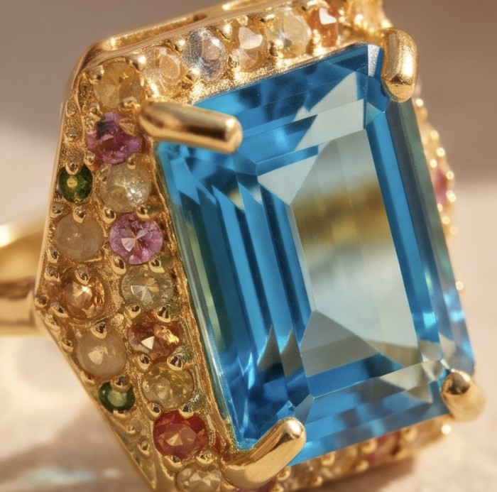 The Ocean Empress baquette 14.8 carat Swiss Blue Topaz 0.2 carat Sapphire 22K Gold over .925 Sterling Silver dipped in rhodium handcrafted ring size 7 - Close-up of Ocean Empress Swiss Blue Topaz ring with colorful stones