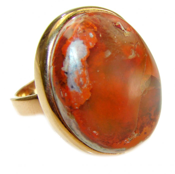 Inner Fire best quality 21.4 carat Mexican Opal 18K Gold over .925 Sterling Silver handmade ring 7 adjustable - Close-up of 21.4 carat Mexican Opal ring in 18K gold setting.