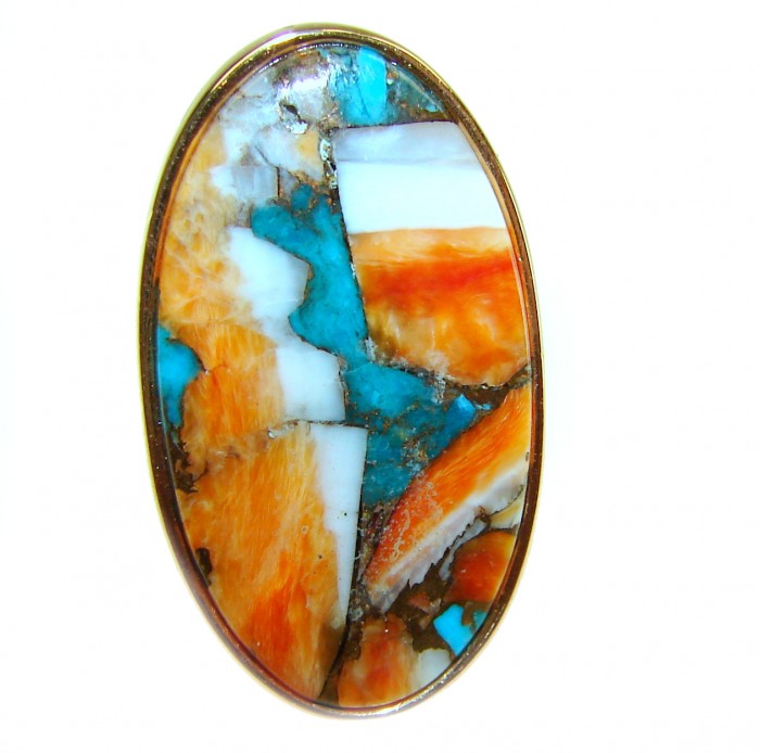 Rare 29.5 carat Oyster Turquoise 18K Gold over .925 Sterling Silver handcrafted Large ring; s. 7 adjustable - Close-up of rare Oyster Turquoise stone in gold, oval shape.