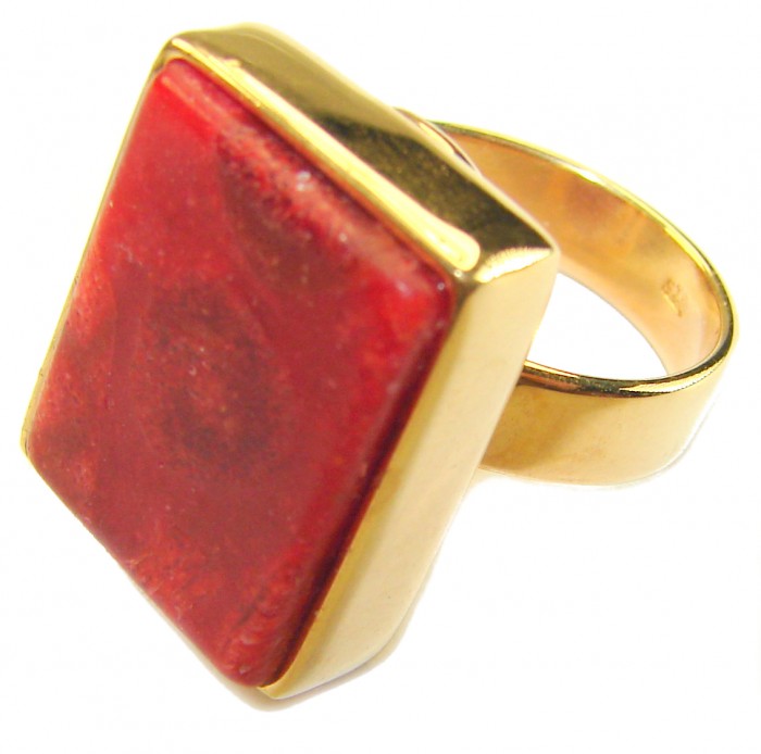 Bochic Style Natural Fossilized Coral .925 Sterling Silver handmade ring s. 8 adjustable - Close-up of Bochic fossilized coral ring in gold-tone setting
