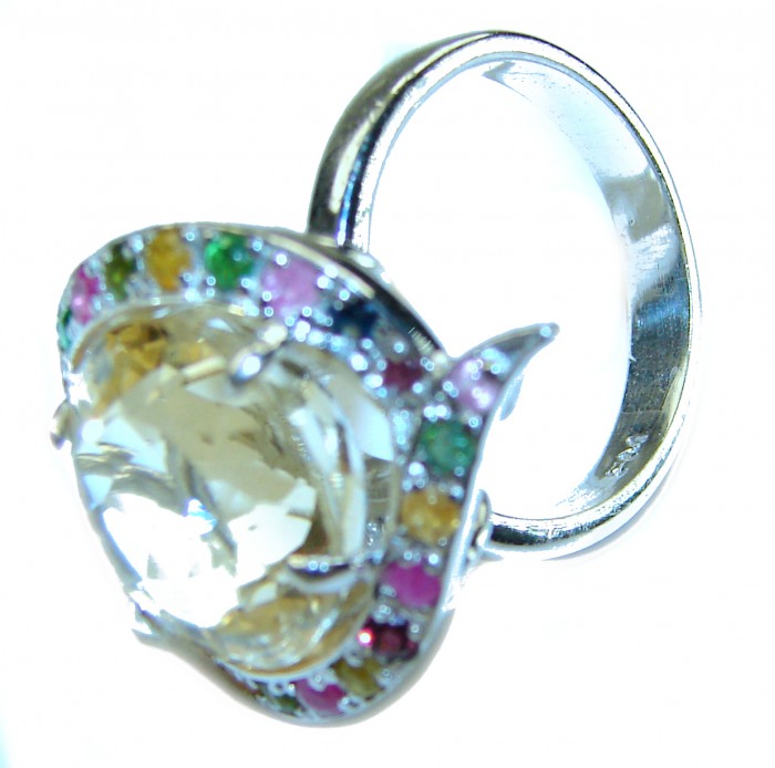 Splendid 8.5 carat Citrine multicolor Sapphire .925 Sterling Silver Handcrafted Statement ring size 8 - Side view of Citrine and multicolor Sapphire sterling silver ring