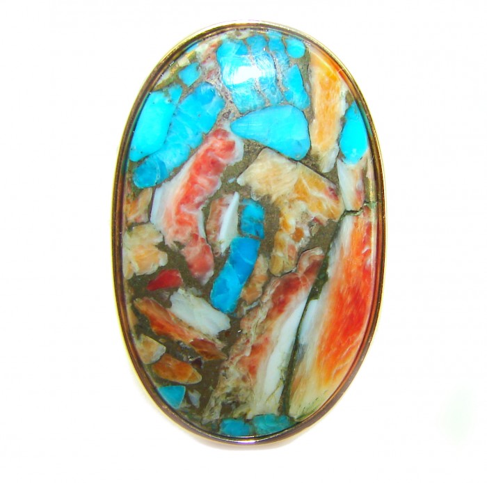 Blessed with Abundance 44.5 carat Oyster Turquoise 18K Gold over .925 Sterling Silver handcrafted Large ring; s. 9 adjustable - Stone close-up of 44.5 carat Oyster Turquoise in 18K Gold setting