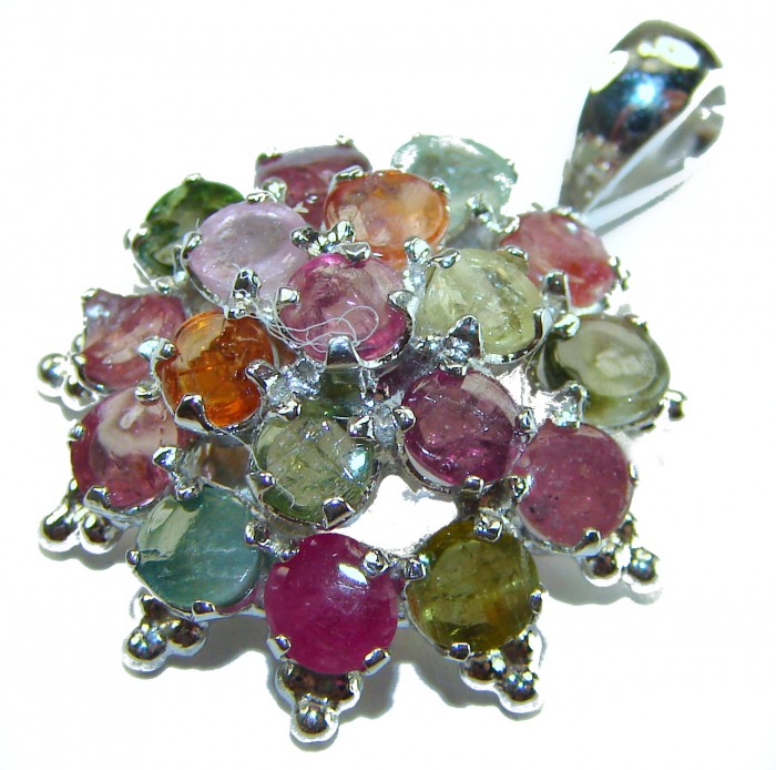 11.2 carat oval cut Brazilian Tourmaline .925 Sterling Silver Perfectly handcrafted pendant - Top view of multicolored tourmaline pendant in sterling silver setting