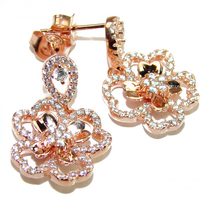 Authentic 4.9 carat Golden Topaz 14K Rose Gold over .925 Sterling Silver handmade earrings - Rose gold flower earrings with diamonds, close-up angle.