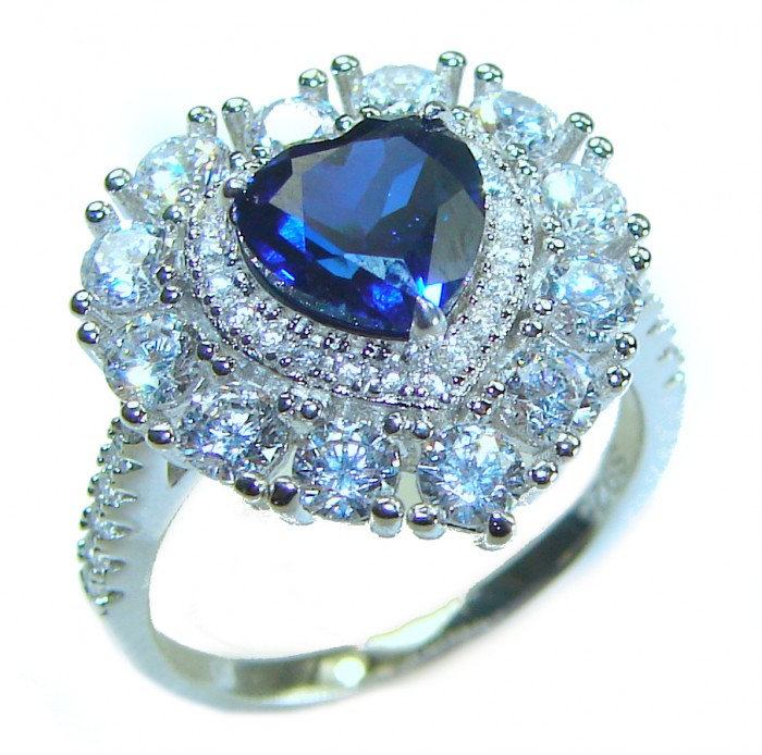 Ocean's Heart 1.8 carat Authentic Sapphire .925 Sterling Silver Handcrafted Ring size 6 1/4 - Heart-shaped sapphire ring, top view with diamond accents.