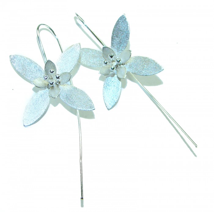 Silver Flowers Italy made .925 Sterling Silver Earrings - Silver flower earrings, close-up, Italy .925 Sterling, hooks visible.